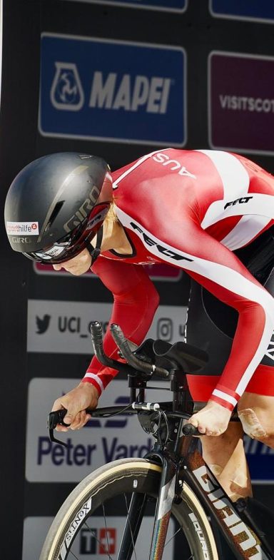 Franz at the start of a race, wearing the Austrian national team kit